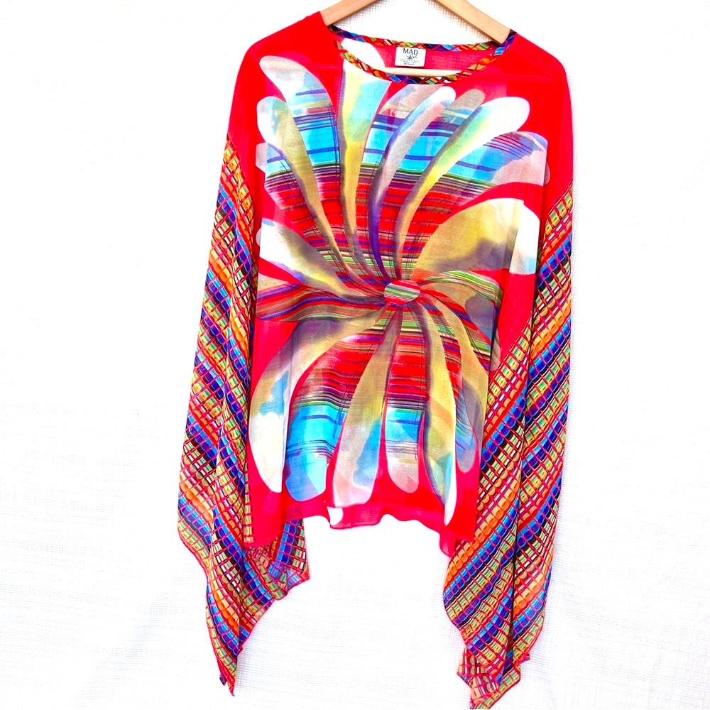 Semi Sheer Beach Cover Up Tunic Dopamine Kimono Sleeves Pop Art Festival